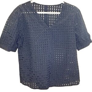 Women’s Black V-Neck Blouse Short Puffy Sleeved size Large